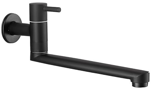 Hefo Rubinetto da cucina, montaggio a parete, solo per acqua fredda, rubinetto da parete con beccuccio girevole a 360°, lungo 35 cm, per lavello con mocio, in acciaio inox, nero