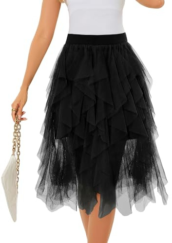 Lovasy Gonna Tulle Donna Corta Irregolare Gonna tutù a 3 Strati con Elastico in Vita Gonne in Rete Elegante per Carnevale Halloween Natale Party Prom,A-Nero,S/M