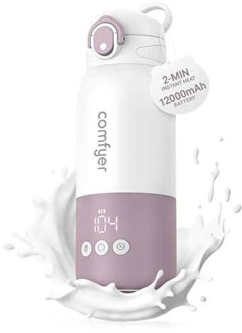 Comfyer BW01 Scaldabiberon Portatile per Neonati, Batteria 12000mAh, Riscaldamento Rapido 2 Min per Latte Materno e Acqua, per Poppate Notturne, Auto e Viaggi in Aereo On‑the‑Go