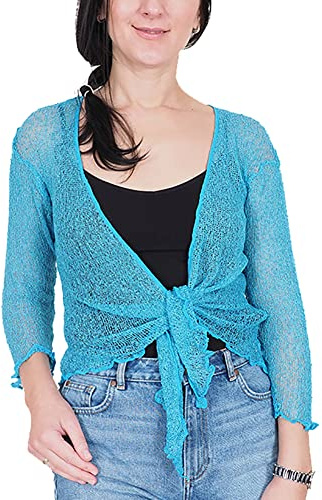 Mimosa Damen gehäkelter Bolero offener Cardigan Glitzer oder einfarbige super Dehnbare Spitzen-Fischnetz-Strickjacke Normal und Übergröße