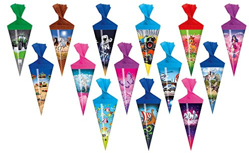 14x Deko Schultüte mit Motiv / Zuckertüte / Länge: 15cm / rund