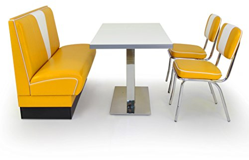 möbelland24 American Dinerbank V Set II in Gelb-Weiß 1x Sitzbank V 120cm + 2X Retro Stuhl + 1x Diner Tisch