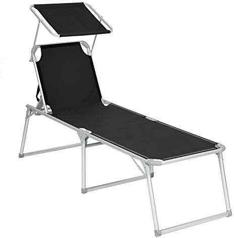 SONGMICS Chaise longue, Bain de soleil, Transat de relaxation, grand modèle, 65 x 200 x 48 cm, charge 150 kg, avec dossier et parasol inclinables, pliable, pour jardin, balcon, terrasse, Noir GCB26BK