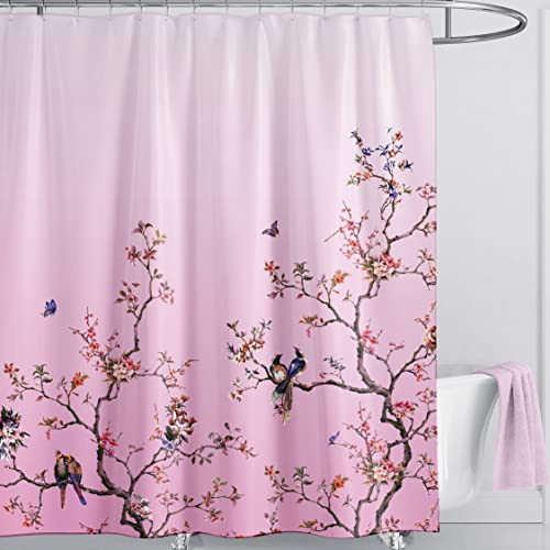 LIVETTY Rosa fågel blommigt duschdraperi 180 cm × 180 cm mögelsäkert fjärilstyg badrumsdraperi för kvinnor och män med 12 krokar tvättbara snabbtorkande gardiner