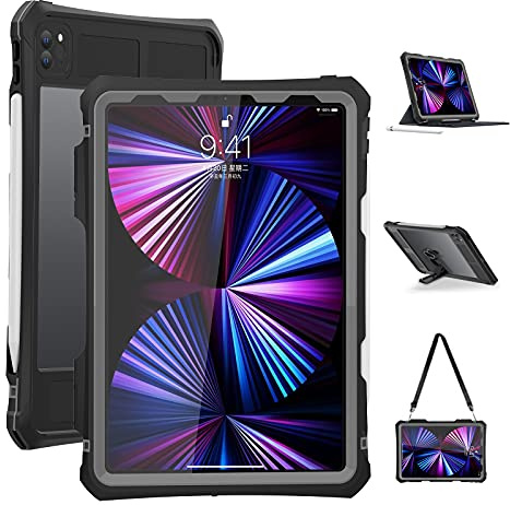 ShellBox Case Neue iPad Pro 11 Zoll 2022 & 2021 & 2020 wasserdichte Hülle, Ganzkörper Heavy Duty Stoßfest Schutzhülle mit Kickstand Eingebauter Displayschutz Stifthalter Schultergurt (Schwarz) | Ganzkörper-Schutzhülle, strapazierfähig, stoßfest, Ständer, integrierter Displayschutz, Stifthalter, Schultergurt