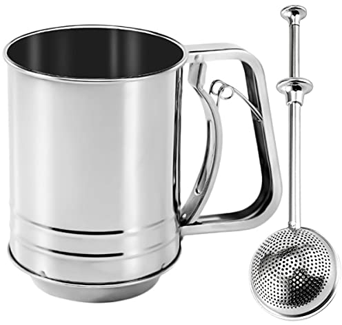 Tamiz Colador de Harina, Regerly 1Pcs 250 Gramos Tamizador Harina de Acero Inoxidable con Mango 1Pcs Agitadores de Cacao Polvo para Harina Cacao Y Azúcar Glasé