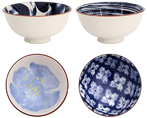 Flanacom Set di 4 Ciotoline da Snack in Porcellana – Ciotola Decorativa in Design Boho Orientale – Insalatiera ca. 500 ml - Elegante Scodella per Salse, Biscotti, Dessert, Noci, Frutta (Design 3)