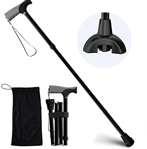 Shealthub Bastones Plegables para Mayores con Base Antideslizante Triangular, Bastones para Caminar Ancianos Ajustable en Altura, Bastones para Mayores Extensible, Mujer y Hombre, 2 Base