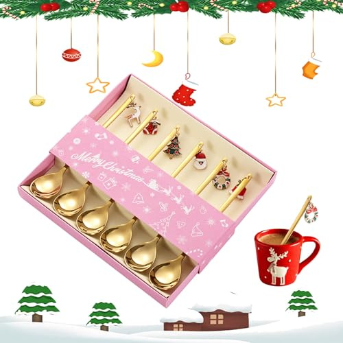 Gfamous Cucchiaio di Natale 6 cucchiai da caffè in acciaio inox, cucchiaio in acciaio inox, set da cucina con ciondolo natalizio Cucchiaio da tè con charm natalizio per bar, caffè, cucina