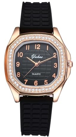 Avaner Montre pour Femme Montres à Strass Quartz Analogique: Montre de Sport Carrée étanche Bracelet en Silicone Montre pour étudiante-Noir