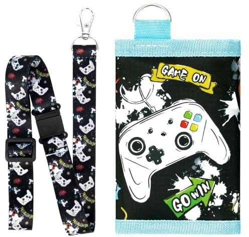 WAWSAM Kids Wallet Boys Video Game Wallet with Lanyard Video Gaming Purse Neck Stash Wallets Zippered Compact Tri-fold Coin Pocket Card Holders Kids Purse Boys Wallets Game Boy Birthday Gift