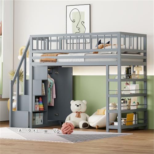 Loftsäng 90x200 säkerhetsdesign med skåp barnsäng hyllor och förvaringsutrymme med säkerhetsstege enkelsäng sängram massivt trä grå