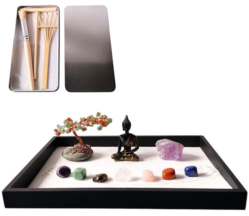 ZEN&TAO Japanese Zen Garden Kit Featured with Buddha Statue, Crystal Tree, Healing Crystals, Wooden Rakes in Box Sitting in Large Wood Tray (Extra Large - Black Tray)