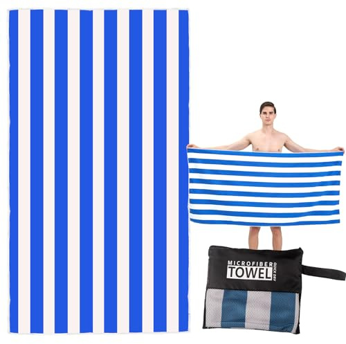Large Quick Dry Microfibre Beach Towel 160x90cm, Double Sided Blue & White Striped Lightweight Travel Towel with Carry Bag, Compact Fast Drying Gym Yoga Sports Swimming Towel for Adults, Women & Men