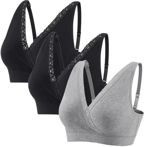 MANCI Reggiseno quotidiano in cotone con ornamento in pizzo e spalline regolabili - Reggiseno gravidanza per allattamento al seno, sonno e comfort quotidiano, nero+nero+grigio, M