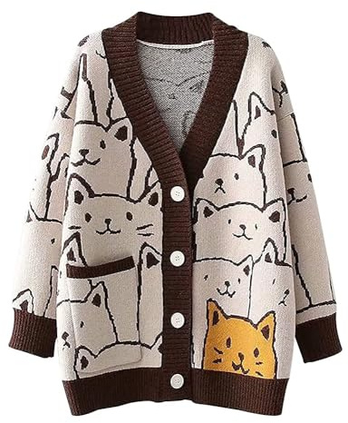 Arssm - Maglione da donna oversize con scollo a V e bottoni, cardigan carino con stampa a cartoni animati kawaii, vestiti autunnali, Marrone, XS