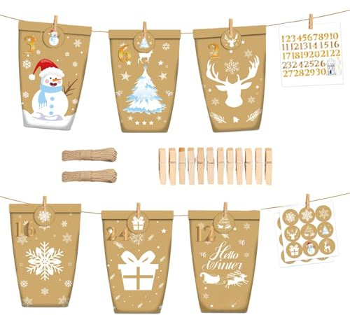 MHwan Tüten Adventskalender 2025 zum Befüllen, 24 Stück Niedliches weißes Bedruckte Papiertüten Adventskalender Groß, Geeignet für DIY Weihnachtsdekorationen und Geschenke, Wiederverwendbar