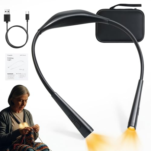 Caydo Stricklicht,Leselampe Hals Buchlampe mit 4 Farben & 5 Helligkeit | Ergonomisch Nackenlampe Wiederaufladbar für Lesen im Bett,Handarbeit,Stricken,Camping,Reparieren,mit Aufbewahrungstasche