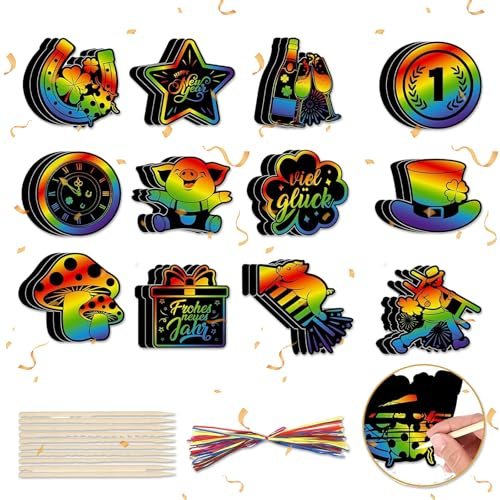QITHGYD Silvester Kinder Kratzbilder Set 2026, 36 tlg Regenbogen Kratzbilder für Kinder Neujahr, Glücksbringer Bastelset Holzstiften und Bändern, Kreative Neujahrsgeschenke zum Zeichnen und Basteln