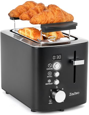 Edelstahl 2 Scheiben Toaster mit LED-Countdown & Brötchenaufsatz mit 2 Auflagestreben, 6 Bräunungsstufen, Auftauen, Aufwärmen und Stopp-Funktion,herausnehmbare Krümelschublade, 1,1 m Kabel