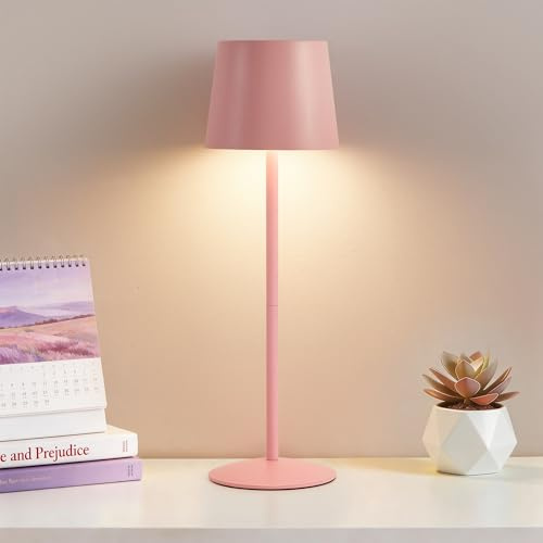 GyroVu Kabellose LED Tischlampe Rosa, Höhenverstellbar Touch Akku Lampe | Dimmbar Stufenlos, Wiederaufladbar Akku Tischleuchte mit USB-C, IP44 Wasserdicht, Für Camping Esstisch Wohnzimmer Nachttisch