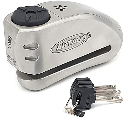 Artago 32 High-End Bremsscheibenschloss Motorrad Ohne oder Mit Alarm 120 dB + Don't Touch Warnung, Exklusives SAA-Dreifachverschluss-System, 5 mm Bohrschutz, SRA Geprüfte BUNKER SELECTION, inox