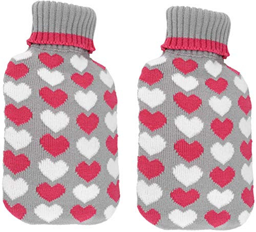 Bambelaa! 2er Set Große Wärmflaschen Bettflaschen Flauschbezug weiß pink Wärmekissen Strickmuster Herz Design (2 x 2 Liter) (Grau)