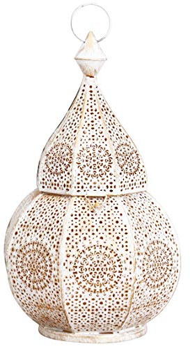 Orientalische Laterne Metall Anaram Weiß Gold 32cm | orientalisches Marokkanisches Windlicht Gartenwindlicht | Marokkanische Metalllaterne für draußen als Gartenlaterne, oder Innen als Tischlaterne