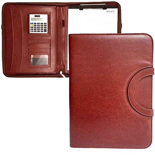 Tragbarer Konferenzmappe A4 mit Reißverschluss Leder Portfolio Zwischenablage Document Organizer mit Rechner Business Presentation Writing Pad Mit Handgriff Brown tragbaren