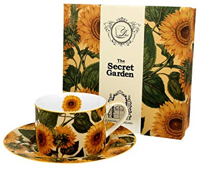 Duo Kollektion Secret Garden Tasse und Untertasse Sunflowers aus New Bone China Porzellan im Geschenkbox, Kaffeetasse, TeeTasse, Füllmenge 240 ml