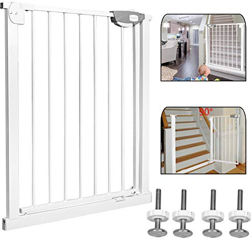 LZQ Trappskyddsgaller, dubbellås, extra säkert metalldörrskyddsgaller för fastspänning, vitt, 75–85 cm, dörrgaller, klämgaller | 90° stopp | stängs automatiskt