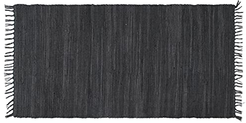 ABC Italia Flickenteppich, Fleckerlteppich, Teppich waschbar, Baumwolle, Fransen, einfarbig, nachhaltiger Handwebteppich, Farbe:Dark Grey, Größe:60 x 100 cm