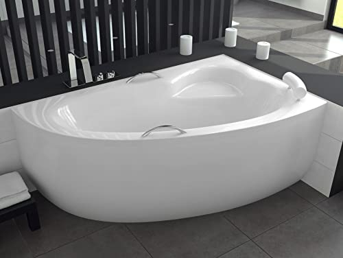 ECOLAM Badewanne Eckbadewanne Acryl Natalia weiß 150x100 cm RECHTS + Schürze + weiße Kopfstütze + 2 x Handgriff Ablaufgarnitur Ab- und Überlauf Automatik Füße Silikon Komplett-Set