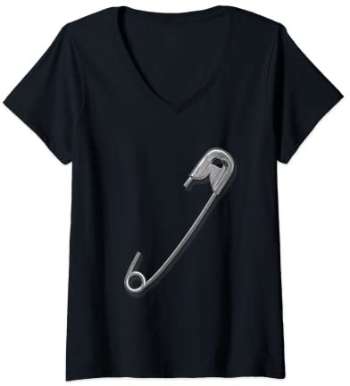 Damen Sicherheitsnadel Kunst T-Shirt mit V-Ausschnitt