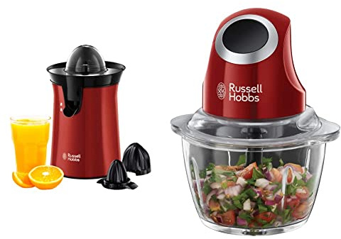 Russell Hobbs Presse Agrumes Electrique, 2 Sens Rotation, 2 Cônes Interchangeables, Jus de Fruit Frais Rapide - Rouge 26010-56 & Hachoir Electrique Bol Préparation 1L, Rouge 24660-56 Desire