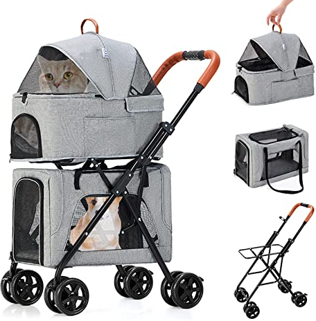 Hundewagen Katzenbuggy 2in1 Hundebuggy Hundebox Transporttasche Faltbar Klappbar bis 20 Kg Haustiere Buggy mit Netzfenstern, mit Bremsrad Jogger Katzenbuggy für Kleine Hunde Katzen ( Color : Grey )
