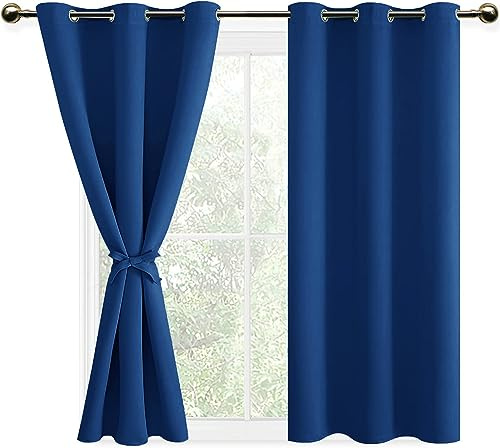 DWCN Vorhange Wohnzimmer Schlafzimmer Gardinen Blickdicht Vorhänge mit Ösen 2er Set, Verdunklungsvorhänge mit Vorhang-Krawatten, Gardinen Kurz, Königsblau, 137x117cm(HxB)