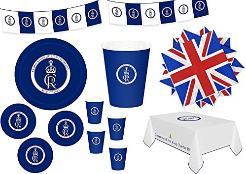 SHATCHI 47-teiliges Tassen-Servietten-Abdeckung, Wimpelkette, Geschirr-Set, Charles III, Weiß, Blau, Königskrönung, UK British Royal Partyzubehör, Tischdekoration, Souvenir
