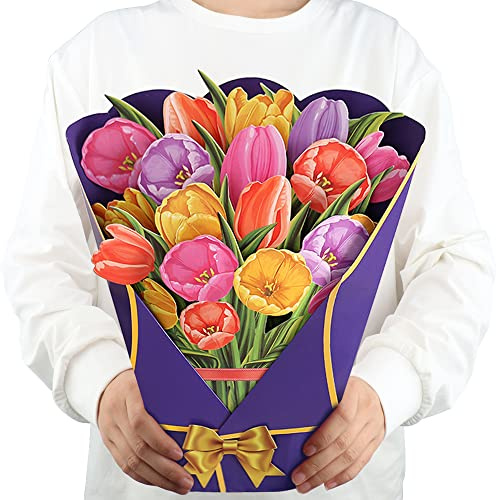 3D Pop-up Blumenstrauß Grußkarte,Muttertag Karte 12''Größe Handgemachtes Geschenk,Ideal für Lehrertag,Abschlussfeier,Geburtstagsgeschenk,für Mütter,Lehrer oder Freunde (Mehrfarbige Tulpe)