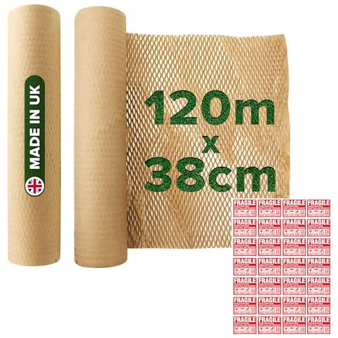 Honeycomb Sustainable thick Paper Packaging Roll 38 cm x 120 M, Eco-Friendly Brown Craft bubble wrap cushioning for Breakables, Packing, Fragile, Shipping, Moving House, Gift. Proudly made in the UK