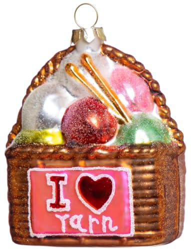 Set of 2 Hand Blown Glass Basket of Knitting Yarn Christmas Ornament, Hanging Glass Crochet Yarn Ornaments for Christmas Tree