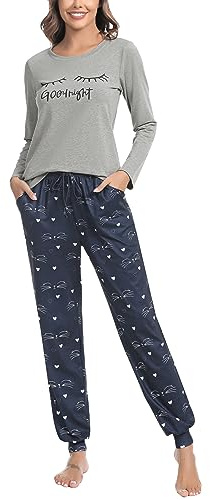 Sykooria Pigiama Donna Cotone Lungo 2 Pezzi Camicie da Notte Invernale Donne Lungo Top e Pantaloni a Manica Lunga Grigio Chiaro S