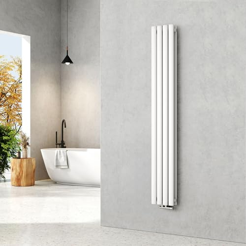 EMKE Radiador pequeño, 1600 x 240 mm, ovalado, panel calefactor, conexión central, vertical, diseño, radiador tubular, doble capa, blanco, 623 vatios