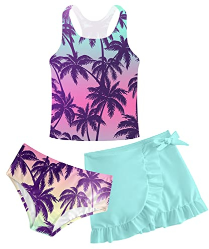 ALISISTER Girls Bathing Suit 3 Piece Hawaii Bikini Set Beach Swimsuit with Cover Up Skirt Sport Swimwear 8-9 Years