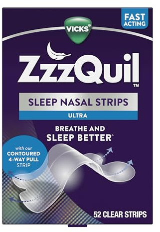 ZzzQuil Sleep Nasal Strips, Clear Nasal Strips, Snoring Relief from Nasal Congestion, Works Instantly, Reduces Nasal Congestion for Less Snoring and Better Sleep, Drug Free, 52 Nasal Strips