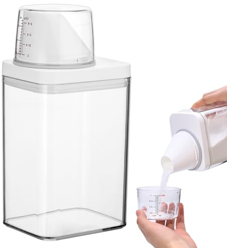 Wyvexa Luftdichter Waschmittelspender Mit Messbecher, 1000 ML Mehrzweck Waschpulverspender, Waschpulver Aufbewahrungsbox für Flüssigwaschmittel, Festwaschmittel