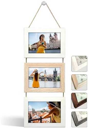 NEOWS Portafotos Múltiple Decorativo para Colgar en Pared - Marcos de Fotos Multiples de Madera Con Cuerda - Collage Portarretratos Colgante - Fotos 10x15 cm (Blanco y Roble, 3 Fotos Horizontal)
