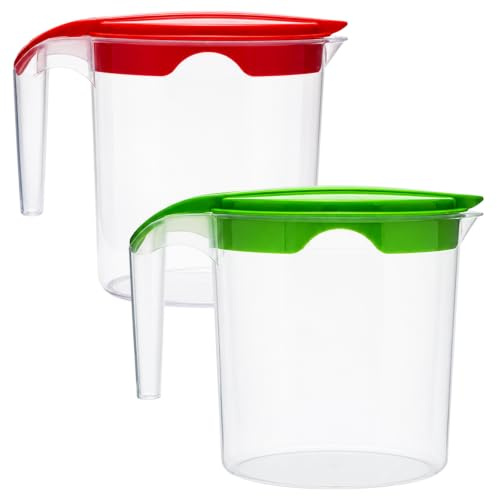Set of 2 Plastic Water Jug with Lid 1 Liter Milk Juices Drinks Fridge Jug Ideal for Everyday Use Indoor Outdoor Party (Red & Green)