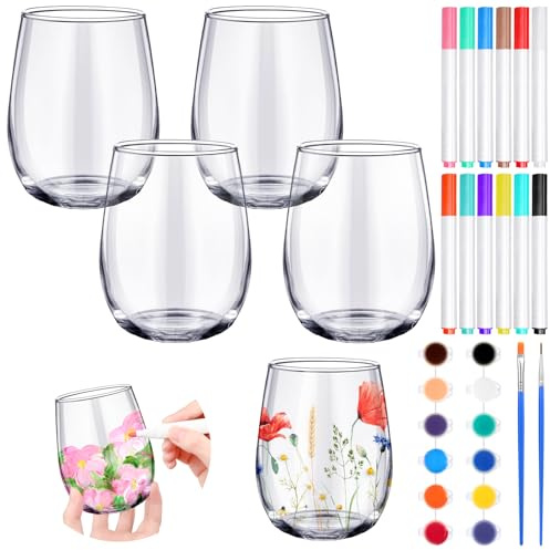 Pickmesh 4 Sets Crafts Gift Paint Your Own Wine Glass 15 oz Painting 12 Pcs DIY Markers 12 Colors Acrylic Paint with Brushes to Design Your Own Personalized Craft(Stemless)