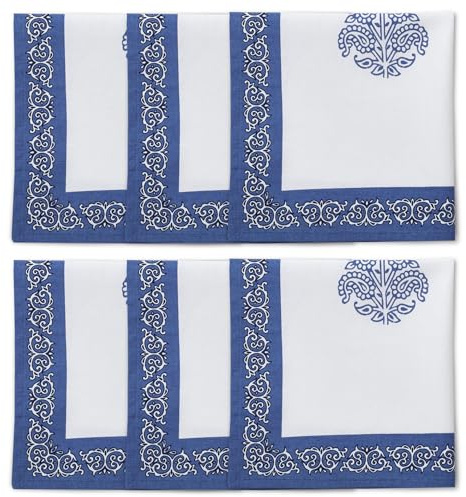 Encasa XO Dining Table Napkins Set of 6 | Indigo-01 Block Printed Cotton Canvas Cloth Napkin - 45x45 cm | Jaipur Sanganeri Hand Print